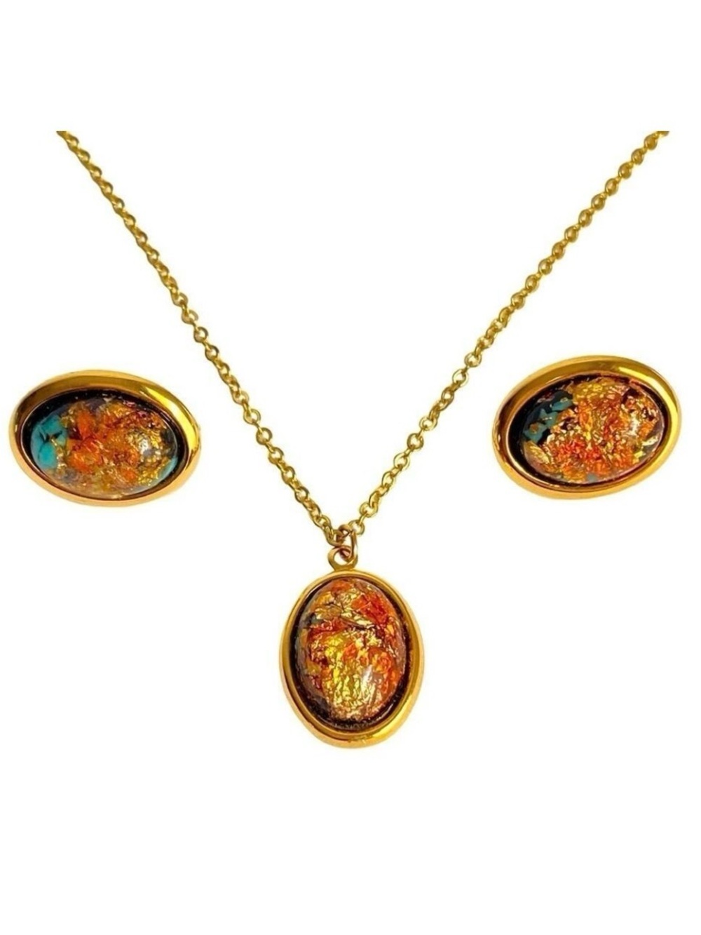 Vintage 60s Dragons Breath Necklace Earrings Set Gold Tone Clip On Estate Piece